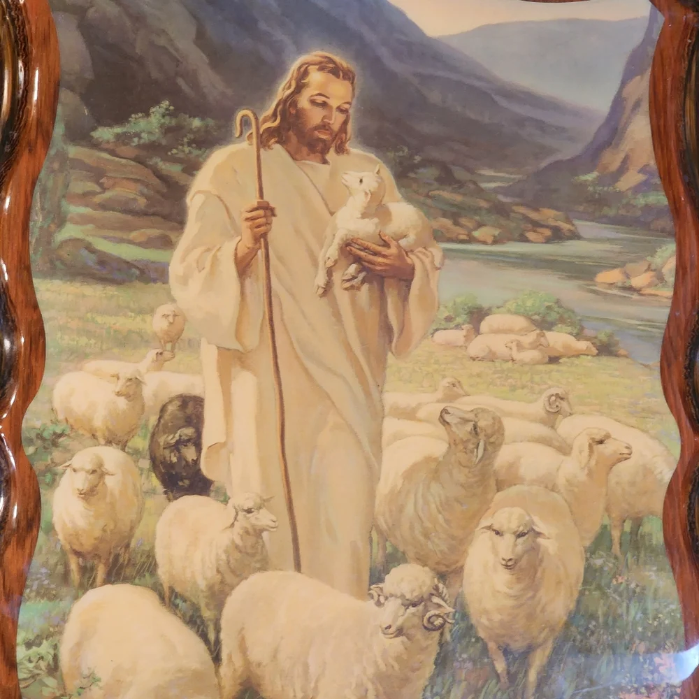 SEE CALLOUTS Vintage Wooden Lacquered Religious Plaque Jesus with Lambs